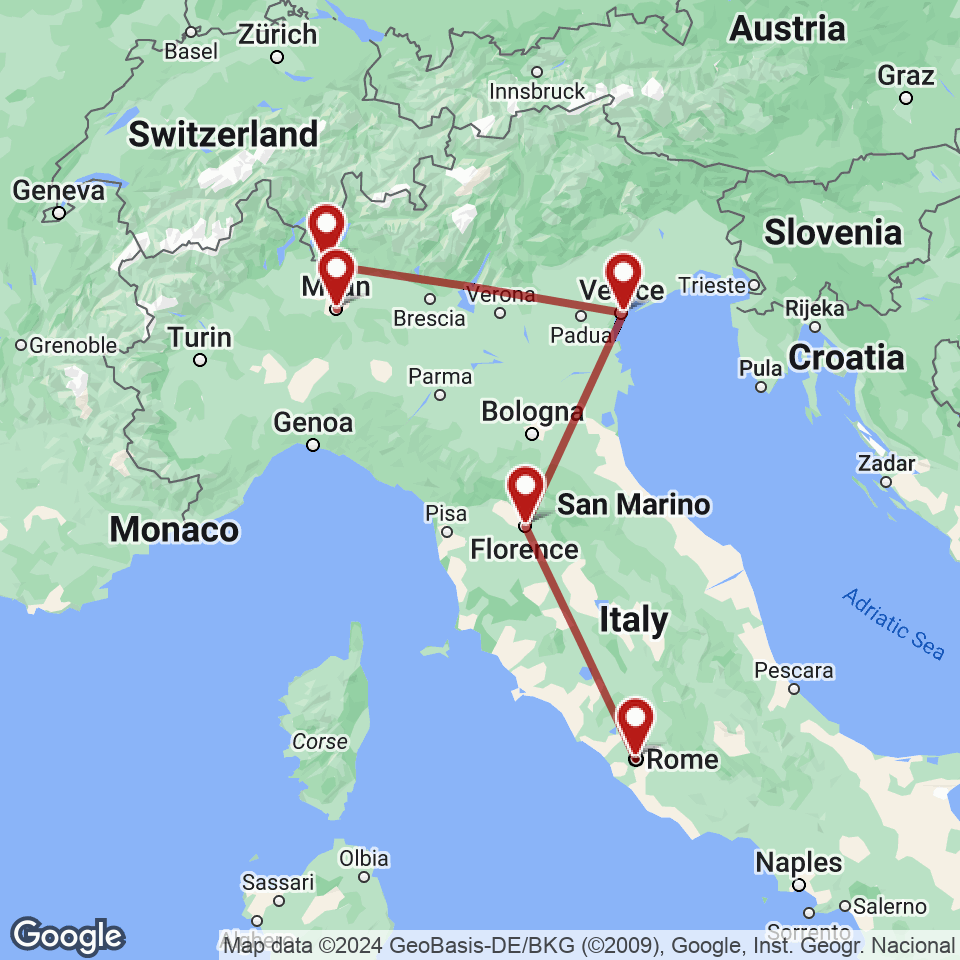 Route for Rome, Florence, Venice, Como, Milan tour